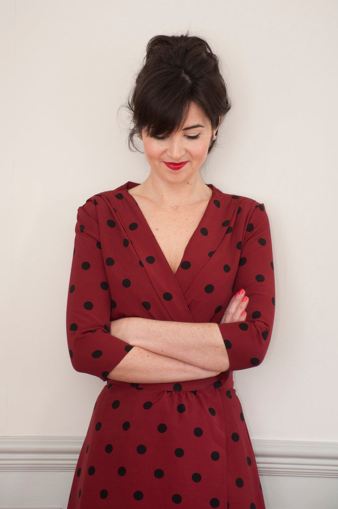 retro wrap dress Women's Midi Wrap Dress with Balloon Sleeves in Retro Print