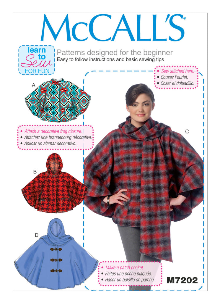 McCalls 7202 / Printed Sewing Pattern / Misses Ponchos with Hood
