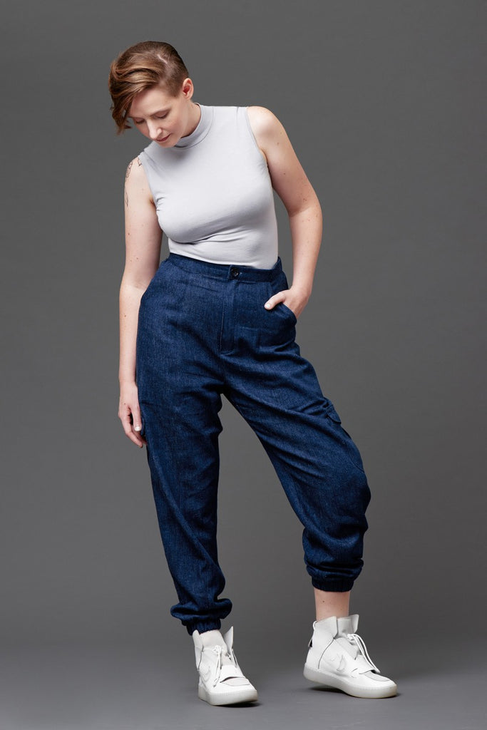 high-waisted pants with tapered legs